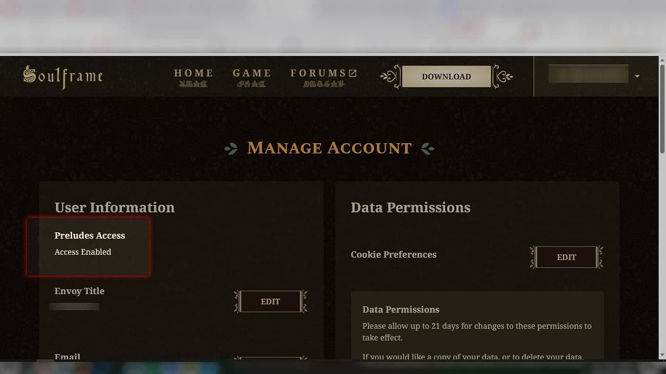The account page will indicate whether Preludes Access is Enabled (Image via Digital Extremes)